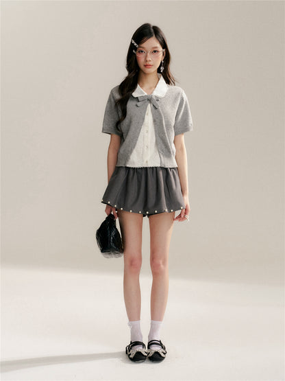 16DEWS 16D26065 Color blocking doll collar fake two-piece knitted short sleeved shirt