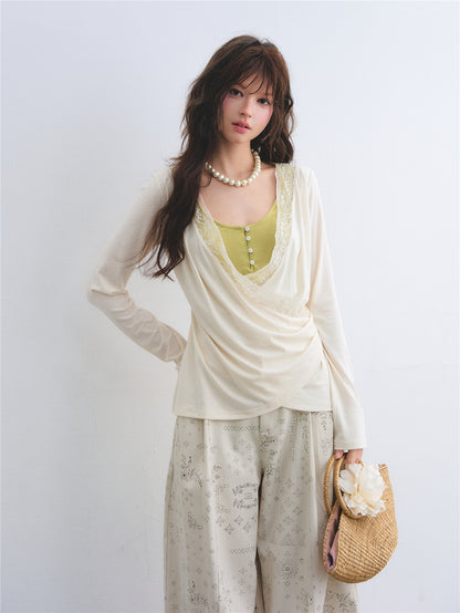 AsGony ASG26039 Tencel lace cross splicing color blocking fake two-piece top