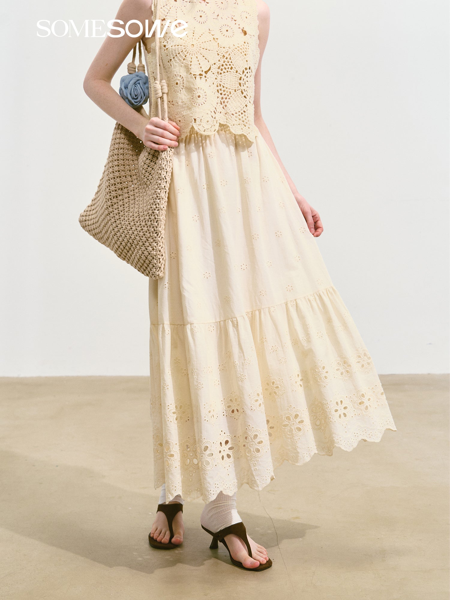 SOMESOWE S2508107&amp;S2508118 Embroidered hollow flower vest + skirt set