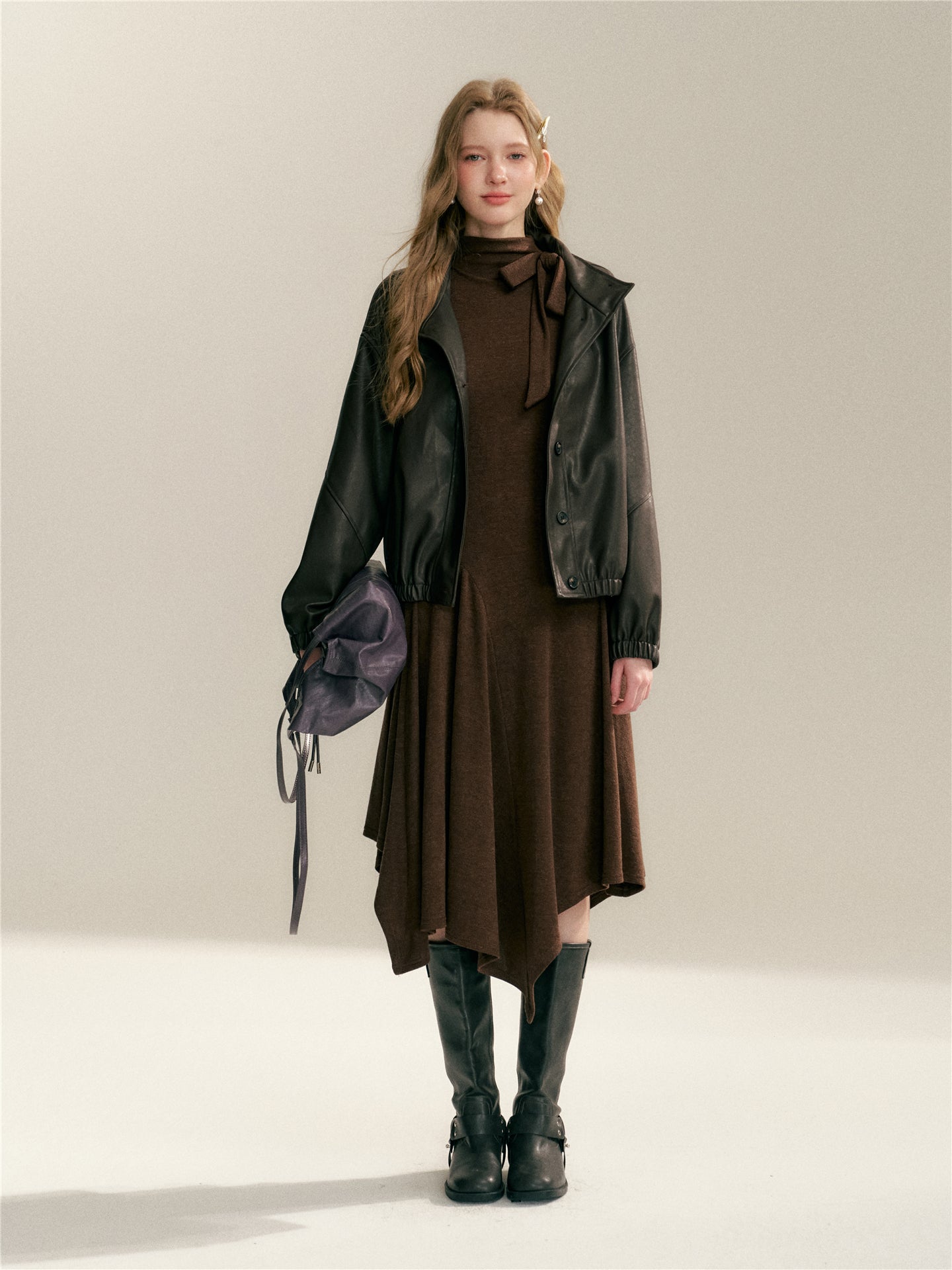 16DEWS 16D26001 Irregular semi high neck long sleeved slim fit dress