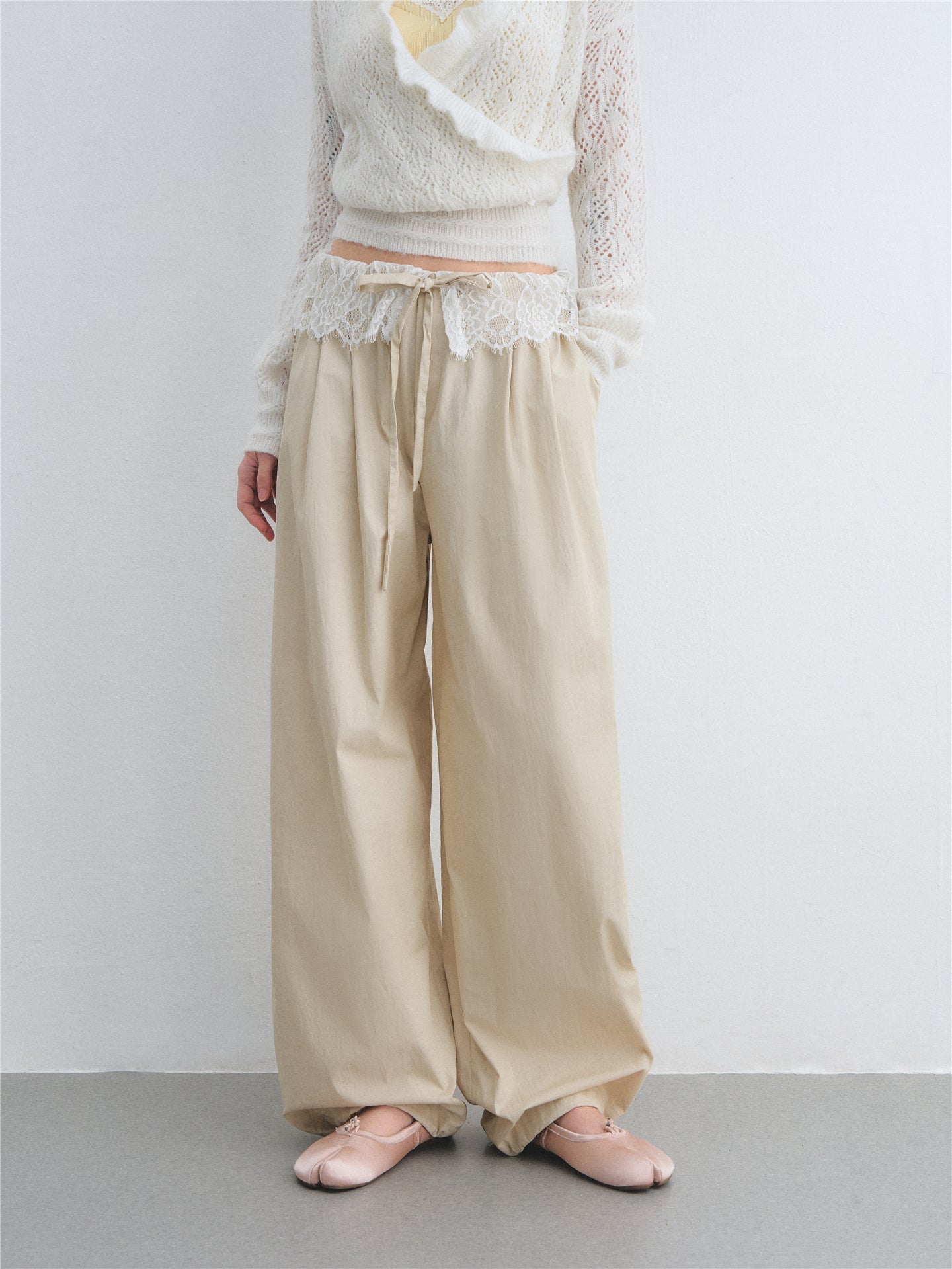 AsGony ASG26024 Lace patchwork drawstring waist wide leg casual pants