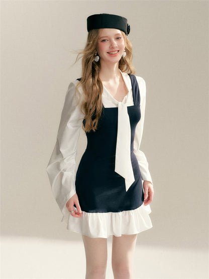 16DEWS 16D26015 Fake two V-neck lace up contrasting splicing slim fit dress