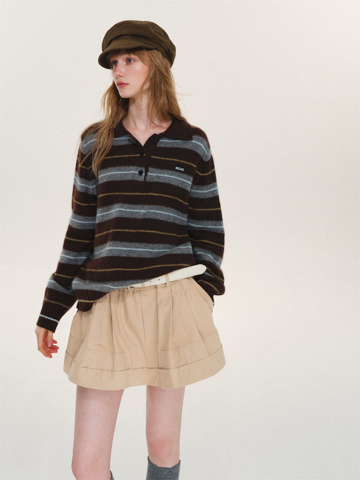 Asgony ASG26597 Striped Collared Knit Polo Shirt