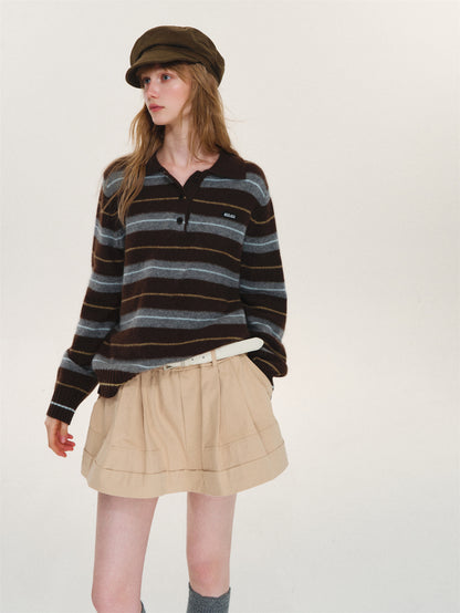 Asgony ASG26597 Striped Collared Knit Polo Shirt