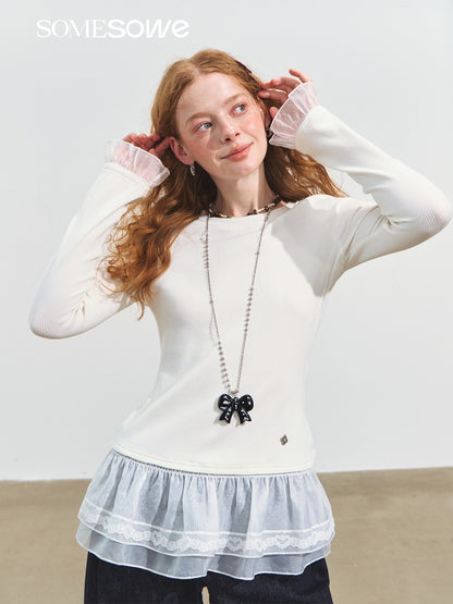 SOMESOWE S2508236 Double layered lace raglan warm velvet top