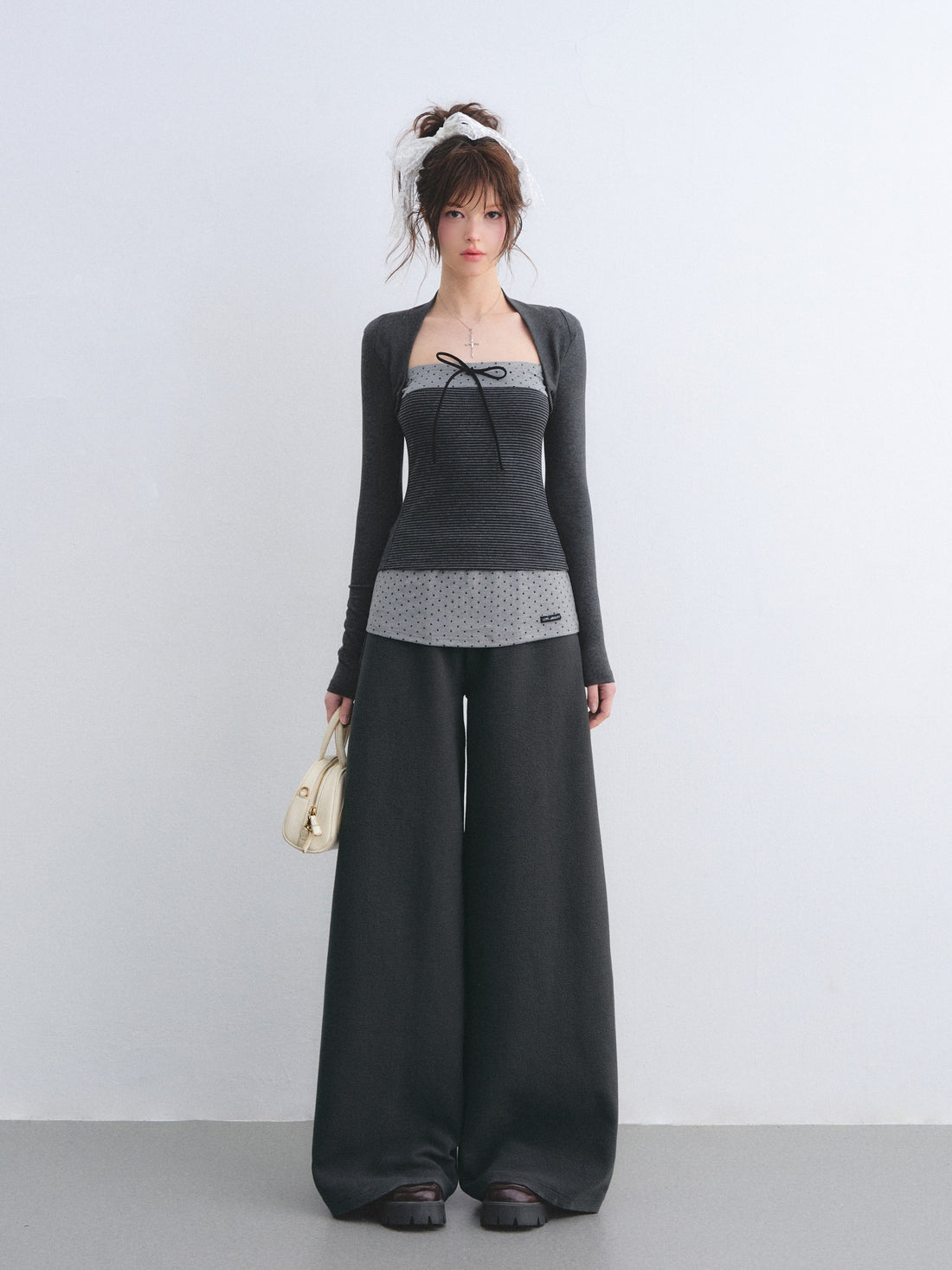 AsGony ASG26032&amp;ASG26033 Color blocked bow polka dot striped patchwork top + pants