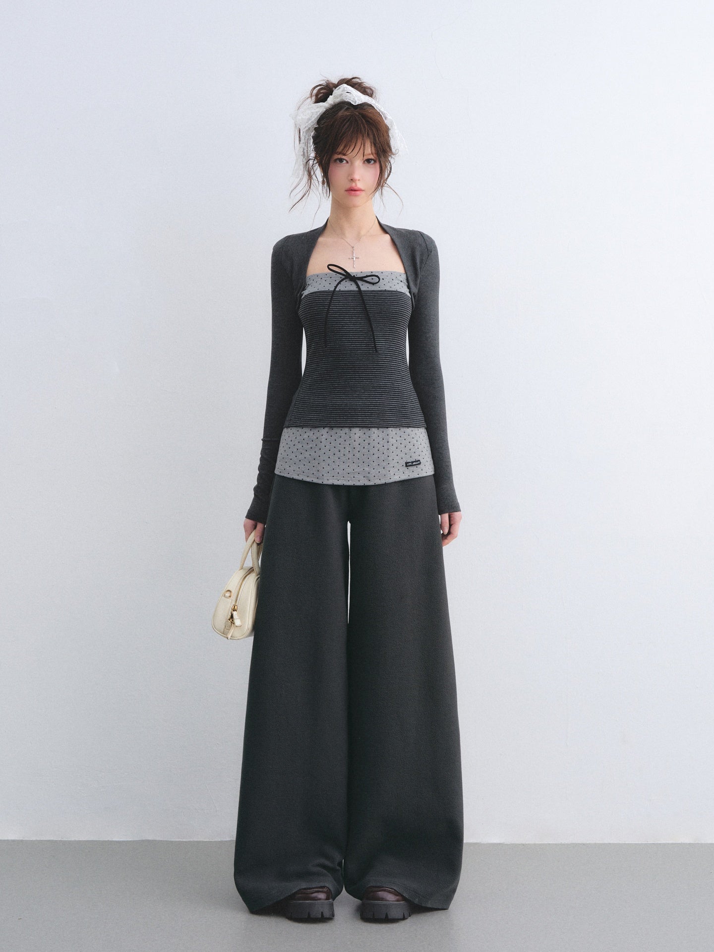 AsGony ASG26032&amp;ASG26033 Color blocked bow polka dot striped patchwork top + pants