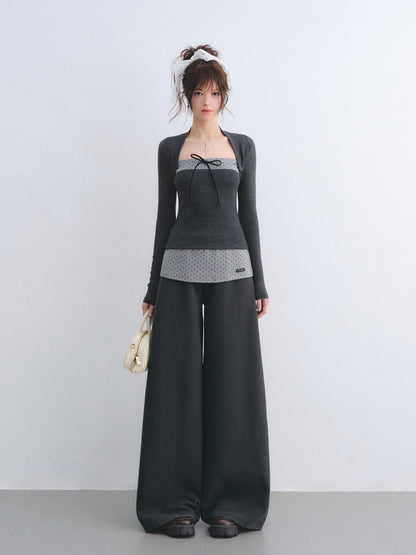 AsGony ASG26032&amp;ASG26033 Color blocked bow polka dot striped patchwork top + pants