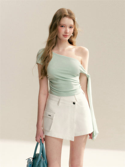 16DEWS 16D246060 Twisted ribbon slanted shoulder slim fit short sleeved T-shirt