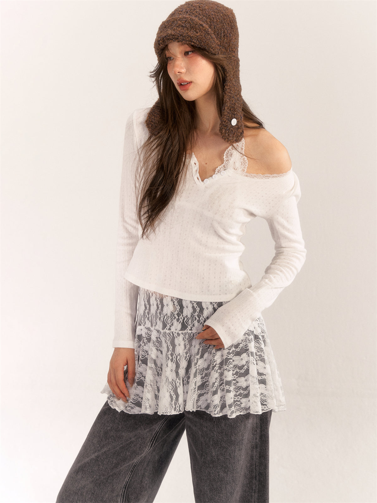 AsGony Lace halterneck layered base layer top