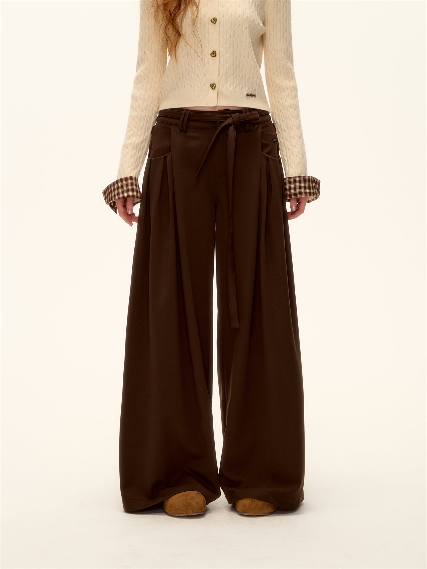 AsGony ASG25486 Pleated decorative strap wide leg pants