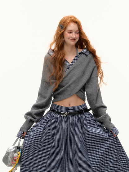 AsGony ASG25411 Off shoulder checkered spliced cross sweater