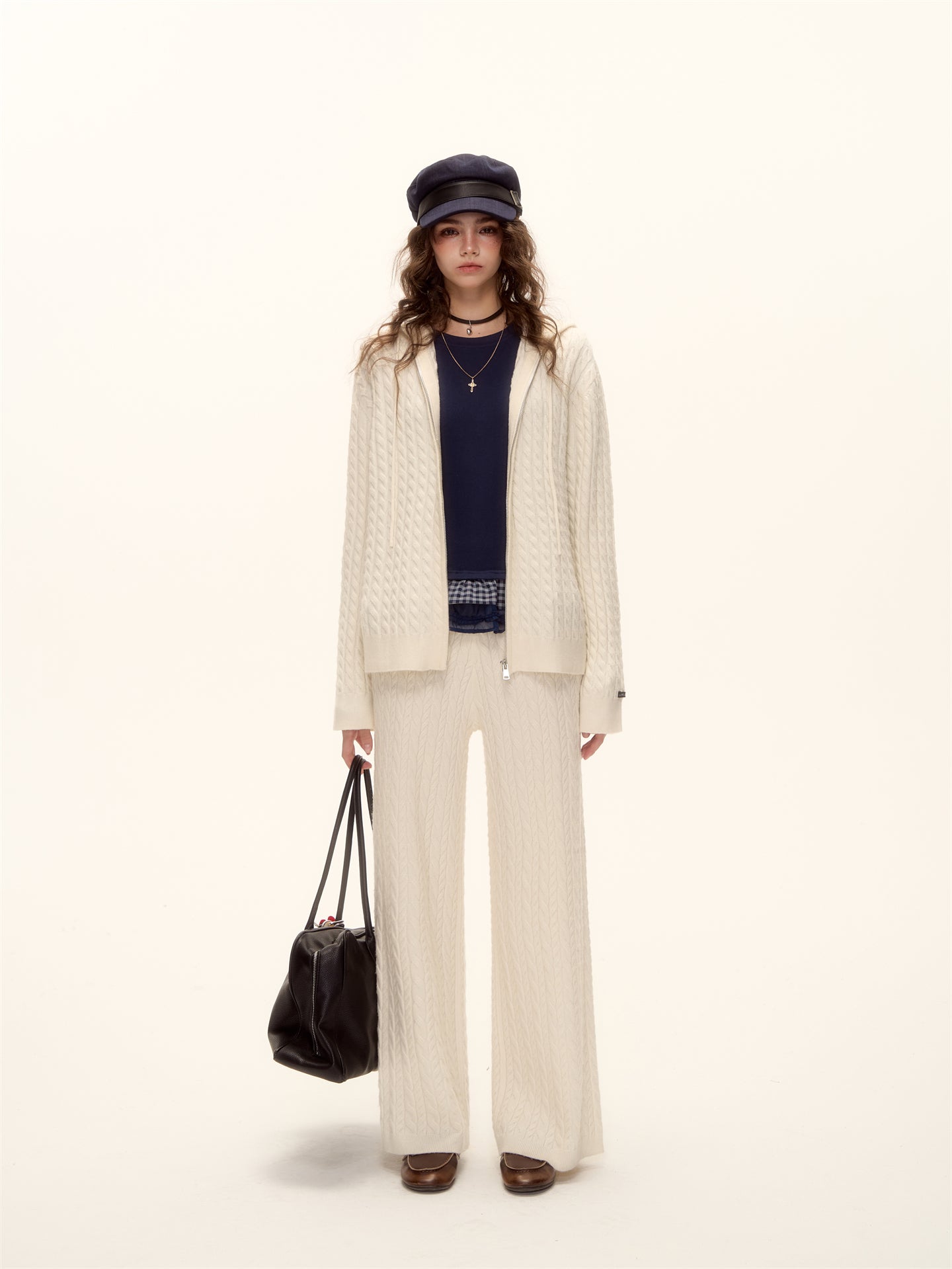 AsGony ASG25639&amp;ASG24653 Wool zipper hooded knitted sweater + pants