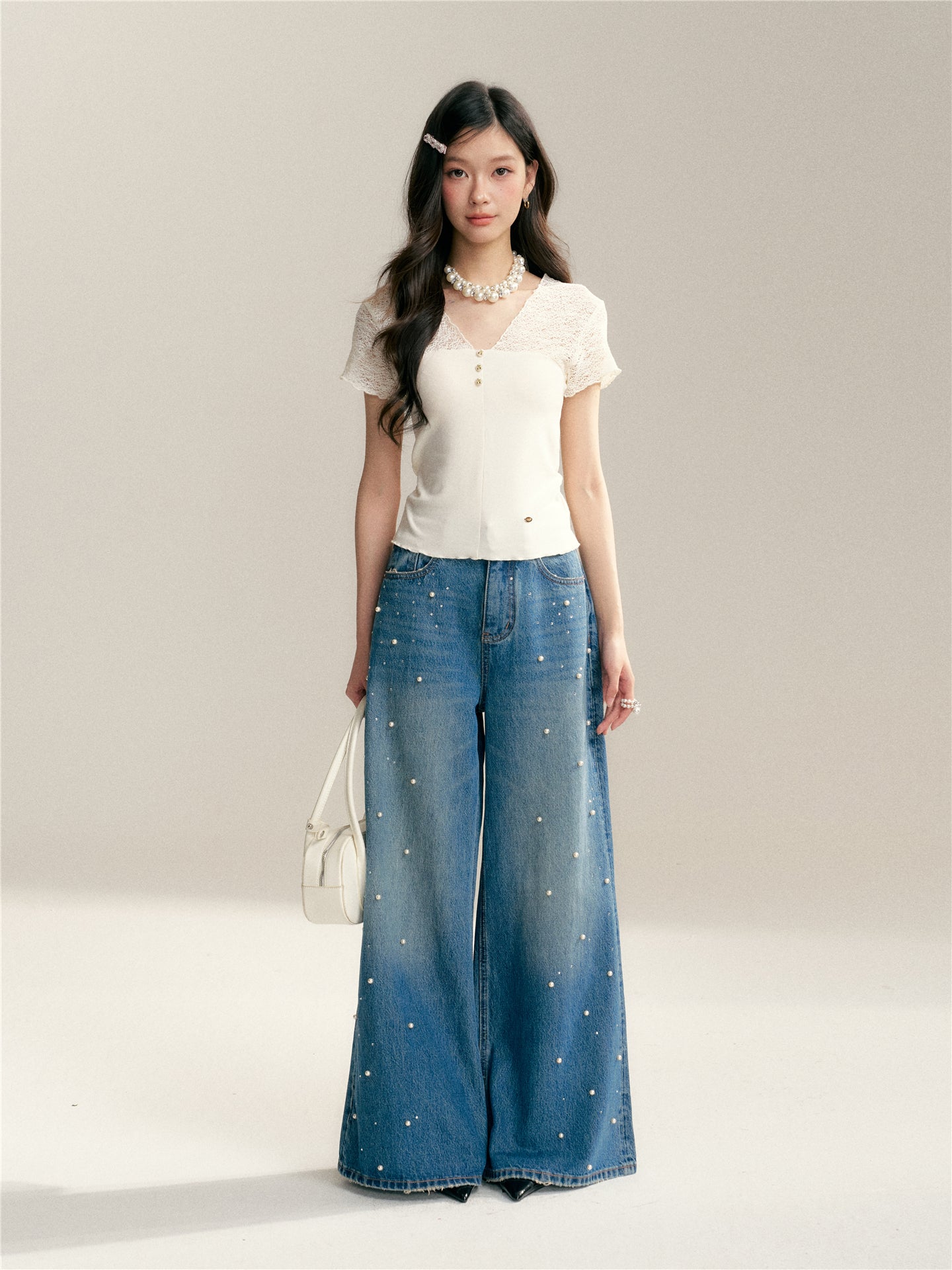 16DEWS 16D26005 Pearl hot stamping high waisted wide leg jeans