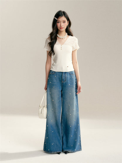 16DEWS 16D26005 Pearl hot stamping high waisted wide leg jeans