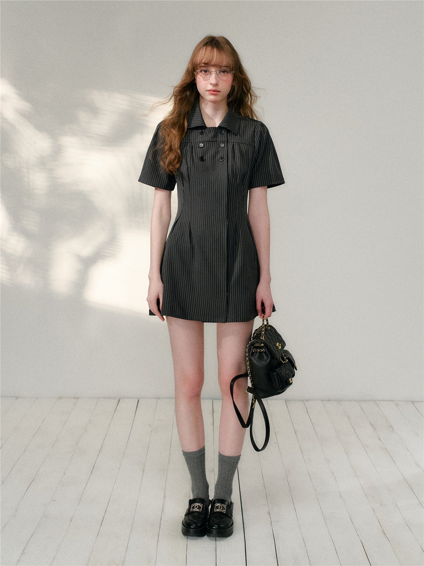 16DEWS 16D26092 Striped waist cinched shirt dress