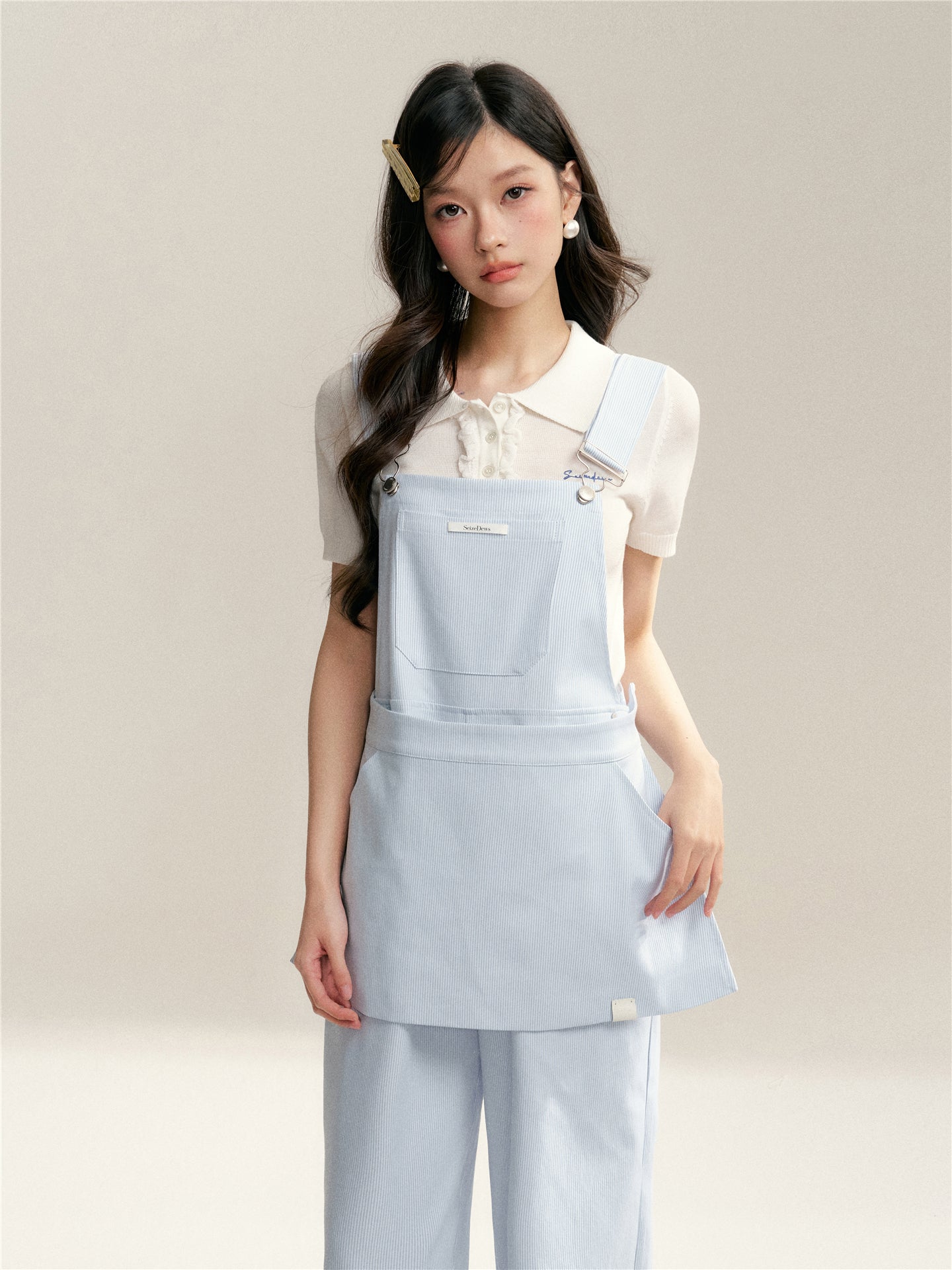 16DEWS 16D26061 Blue and white striped loose overalls