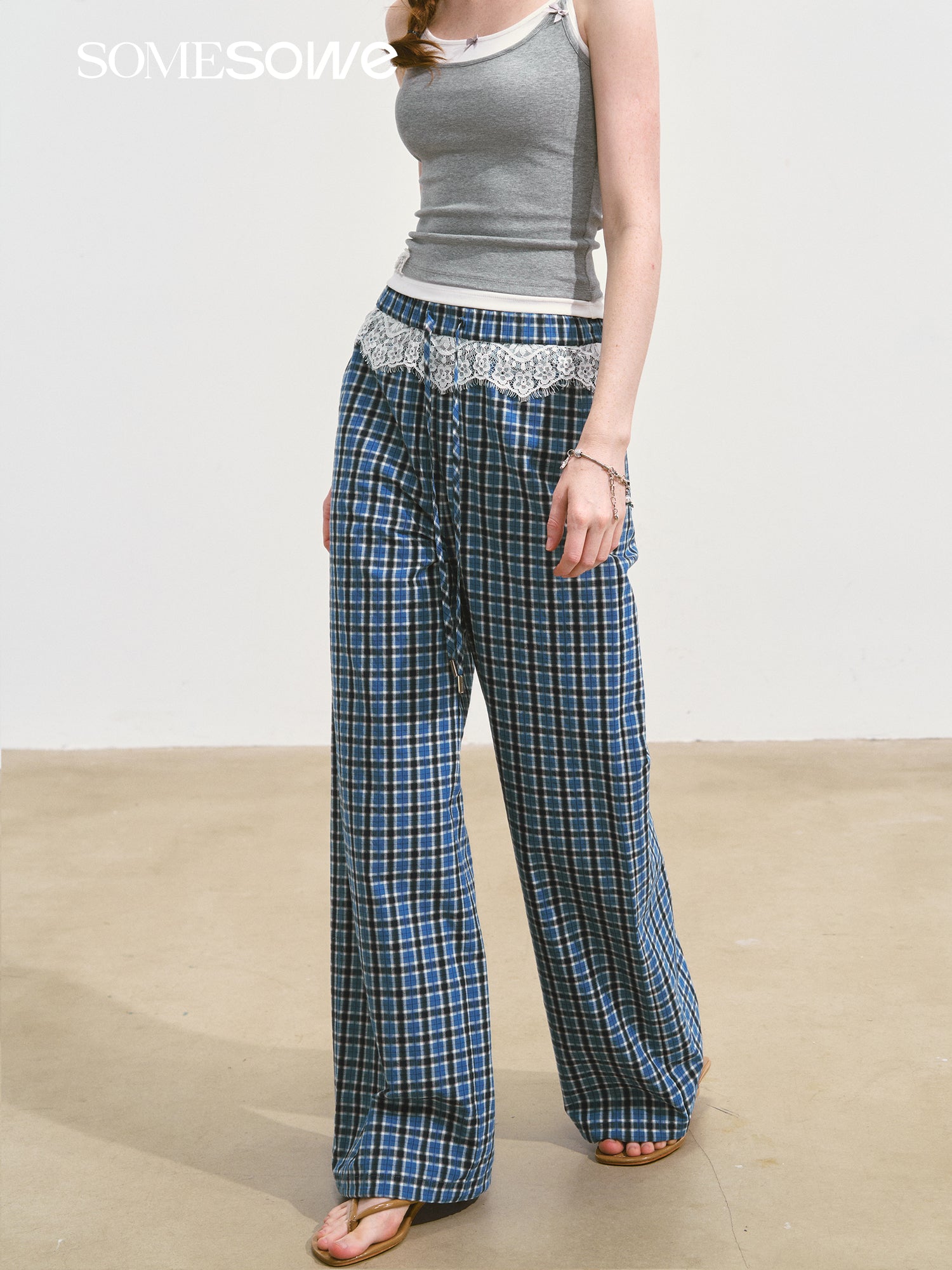 SOMESOWE S2508108 Lace plaid wide leg pants