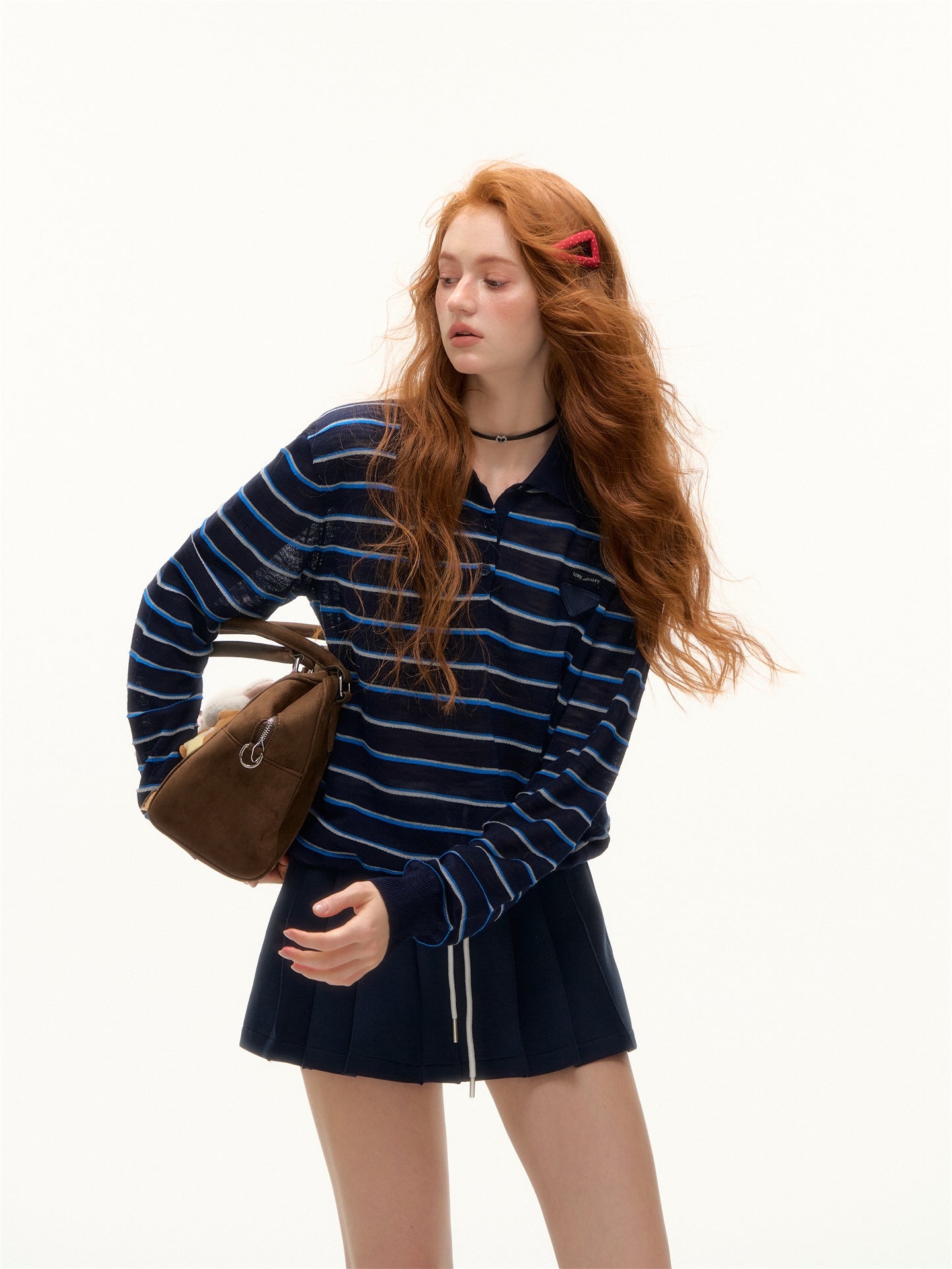 AsGony ASG25391 Striped lapel hem drawstring polo knit base top