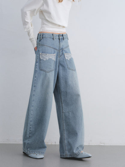 AsGony ASG25638 Lace pocket washed curved knife jeans