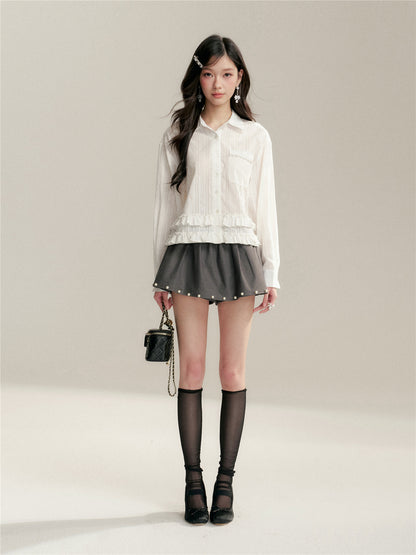 16DEWS 16D26044 Texture based black fungus lace patchwork shirt