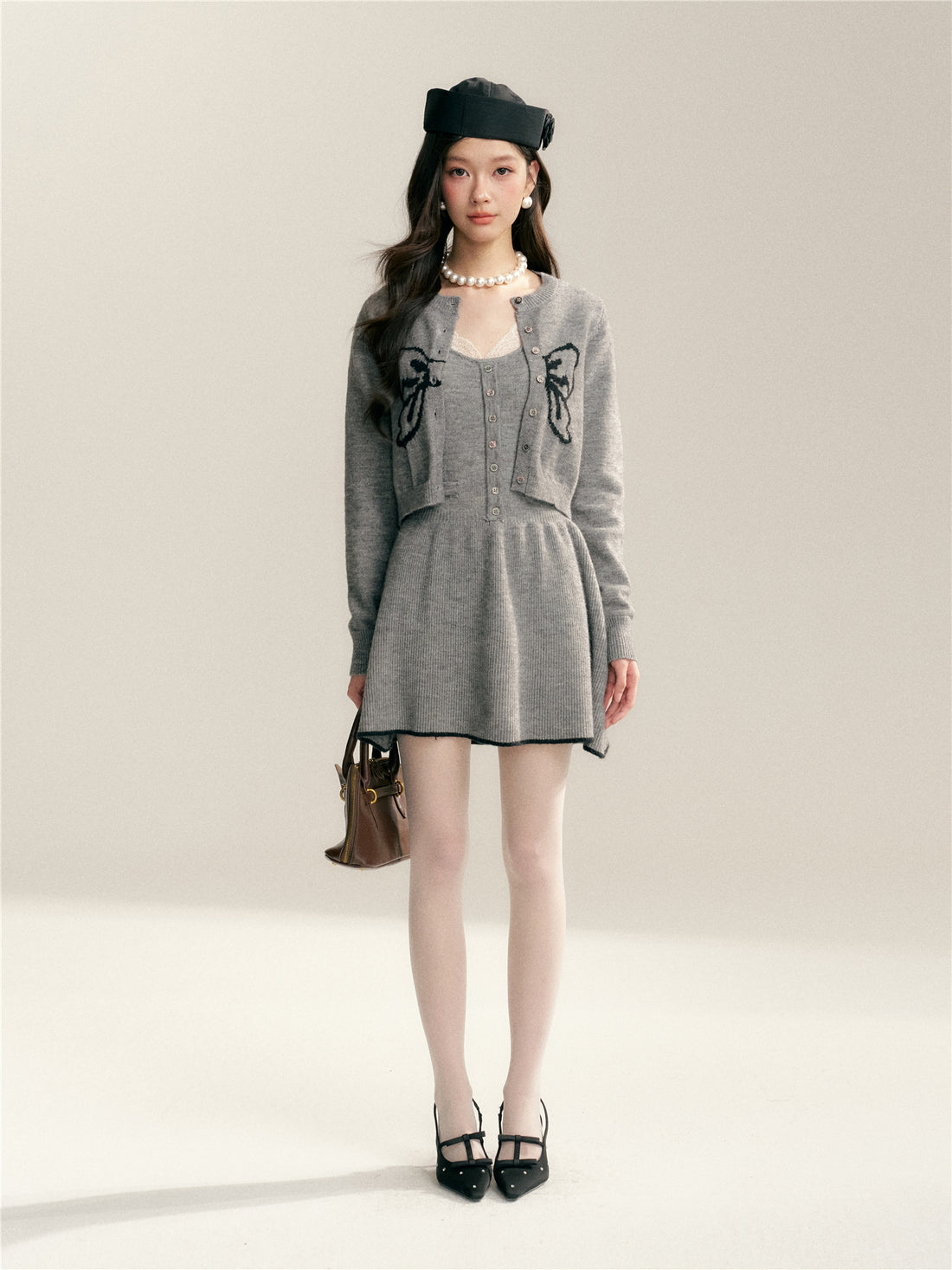 16DEWS 16D26013&amp;16D26014 Bow jacquard short woolen cardigan + dress set