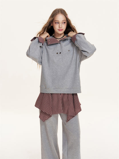 16DEWS 16D25397&amp;16D25398 Plaid patchwork hooded sweatshirt + pants set