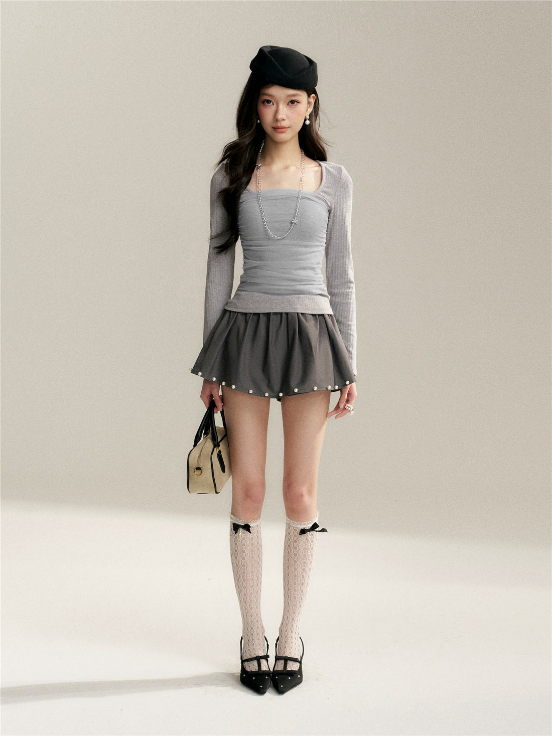 16DEWS 16D26050 Mesh splicing square collar design slim fit top