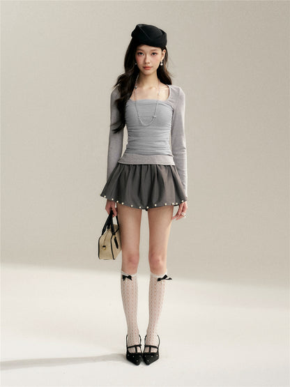 16DEWS 16D26050 Mesh splicing square collar design slim fit top