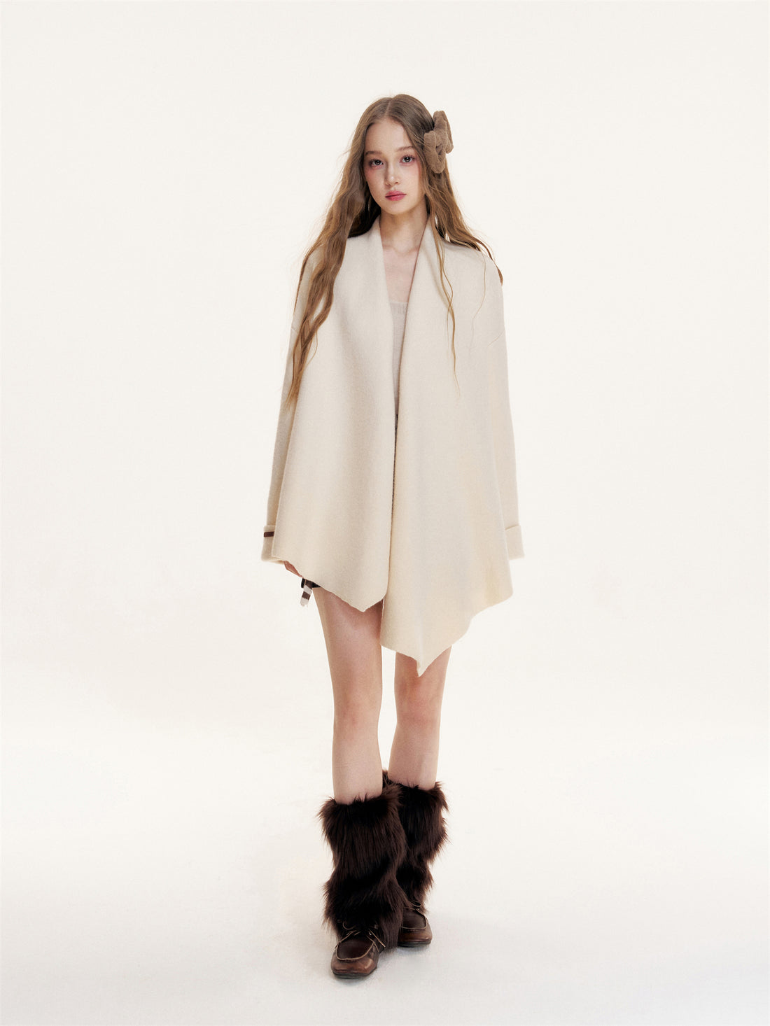 16DEWS 16D25411 Irregular hem lapel woolen cloak coat