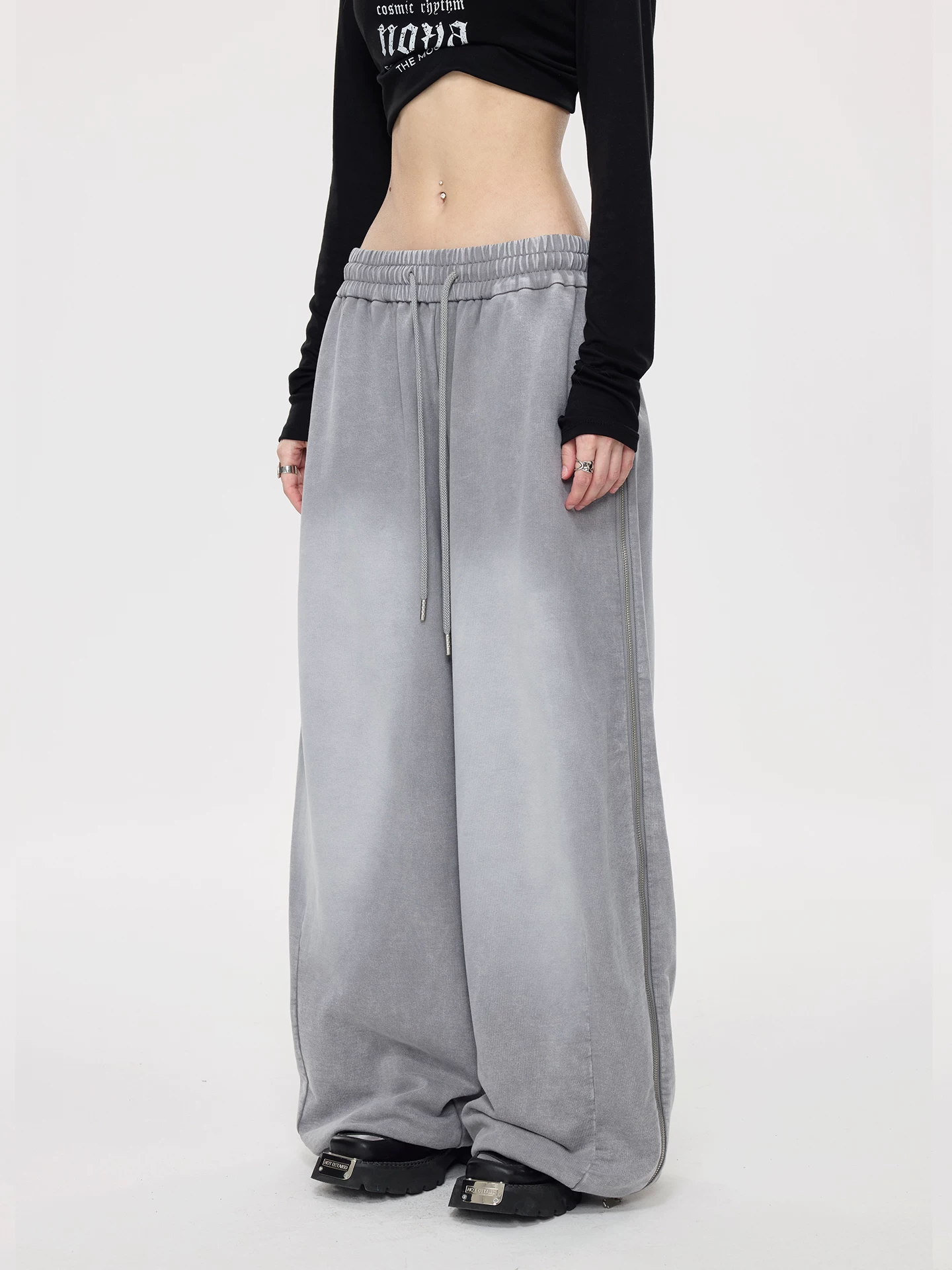 Nova Street Washed Grey Wide Leg Sweatpants
