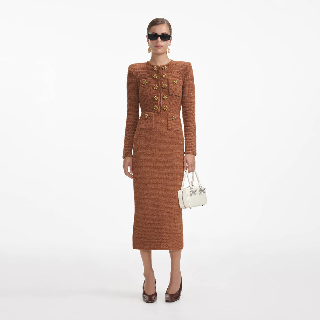 Self-Portrait Brown Textured Knit Midi Dress