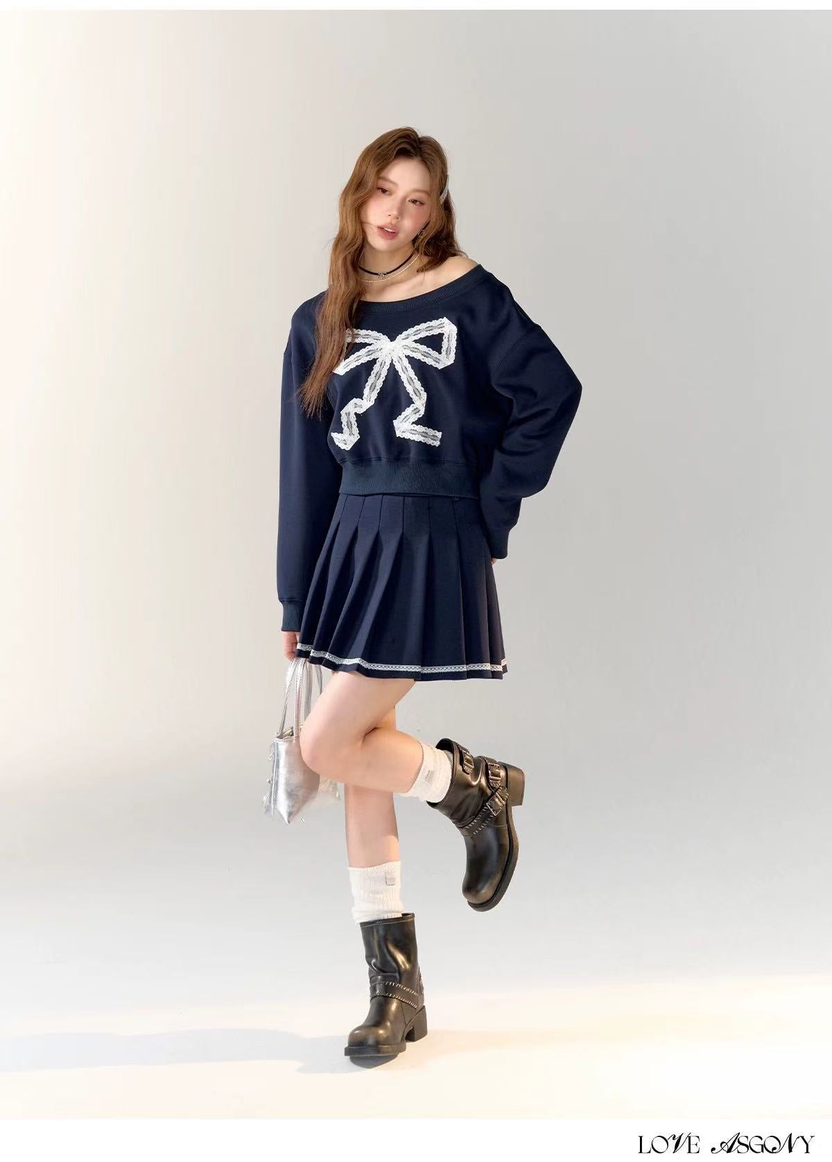 AsGony ASG24715 ASG24716 Preppy style slanted shoulder hoodie + skirt set