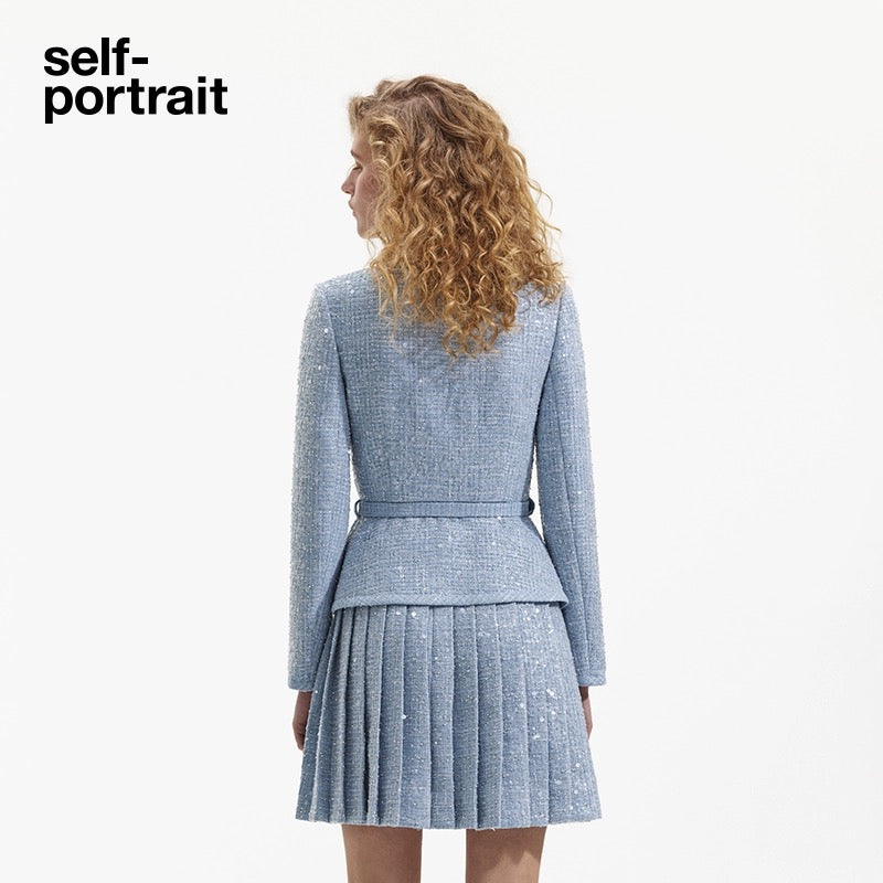 Self-Portrait BLUE SEQUIN BOUCLE MINI JACKET DRESS