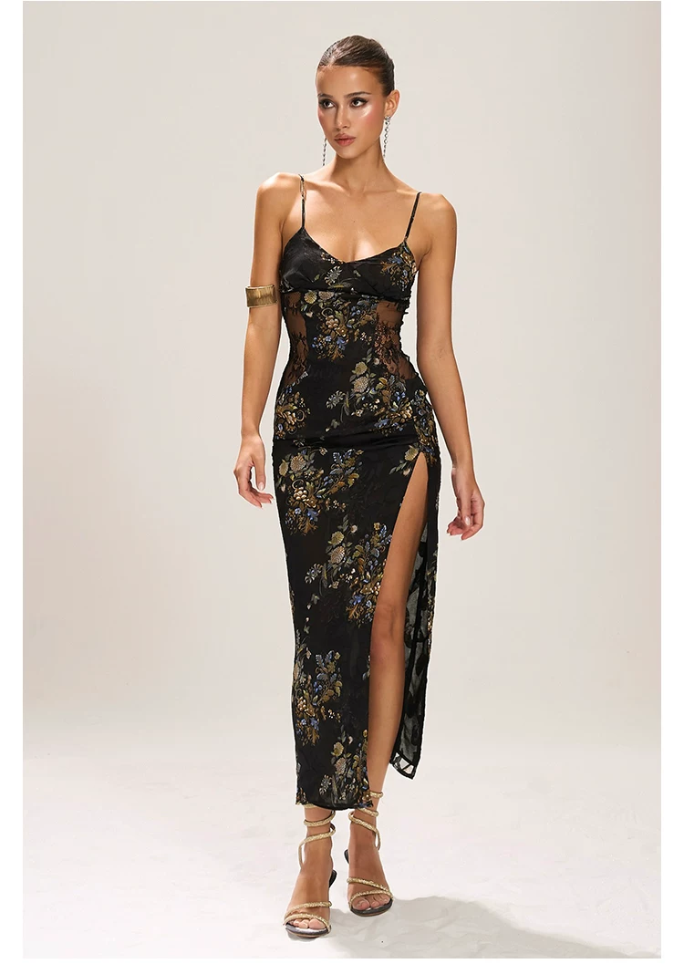 FIND YA WINGS Sheer Mesh Cut-out Waist Panel Midi Dress