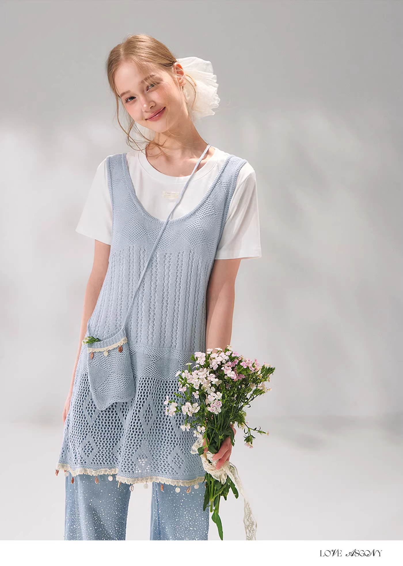 AsGony ASG26071 Shell woven ribbon hollow jacquard knitted three piece set