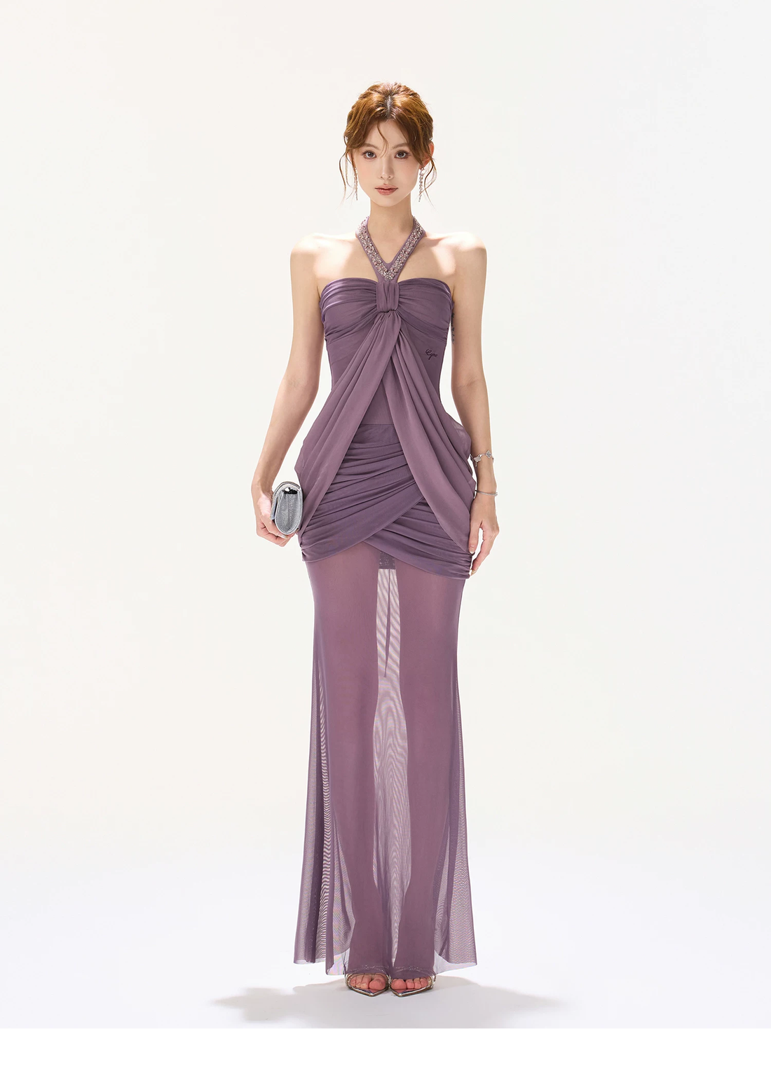CYNR Purple Mesh Ruched Fishtail Bodycon Skirt