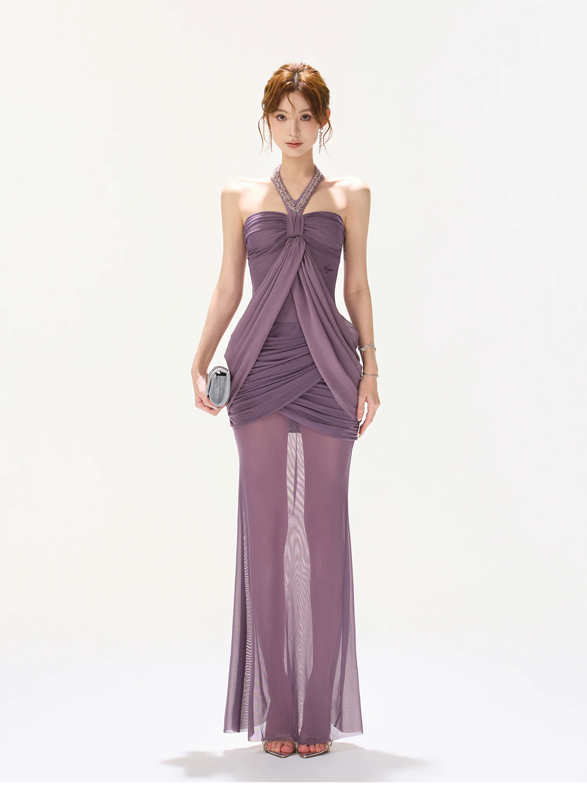 CYNR Purple Mesh Ruched Fishtail Bodycon Skirt