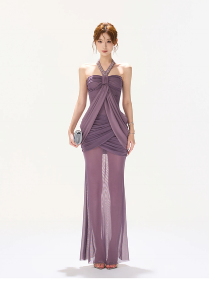 CYNR Purple Mesh Ruched Fishtail Bodycon Skirt