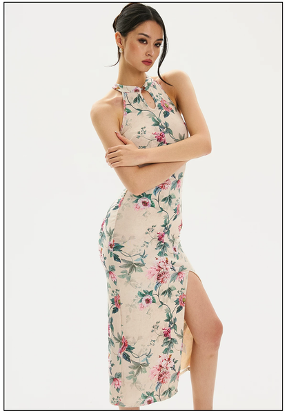 FIND YA WINGS Floral Shadow Halter Midi Cheongsam