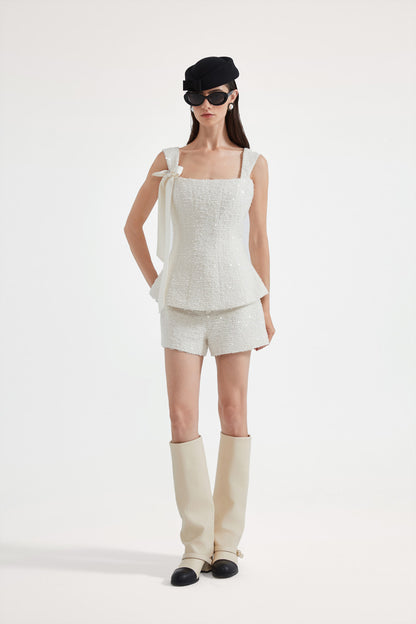 Kingwen White bow ribbon sleeveless top + shorts set