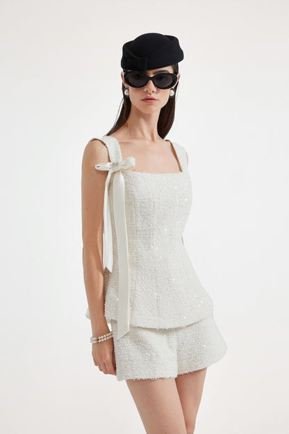 Kingwen White bow ribbon sleeveless top + shorts set