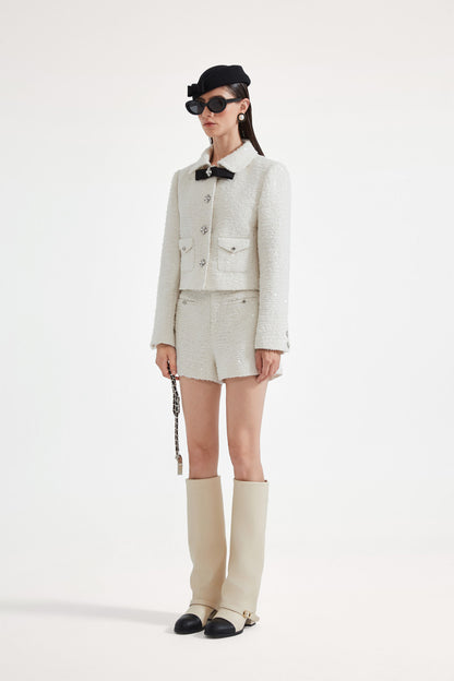 Kingwen White tweed short jacket + shorts set