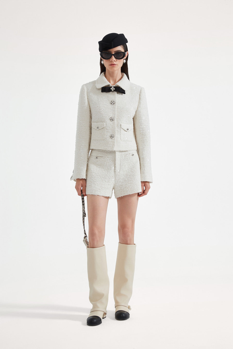 Kingwen White tweed short jacket + shorts set