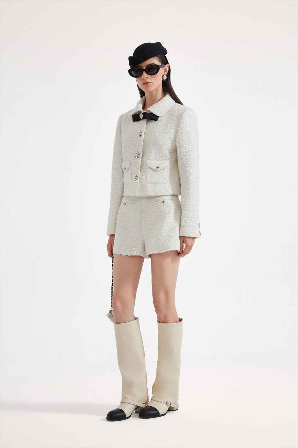 Kingwen White tweed short jacket + shorts set