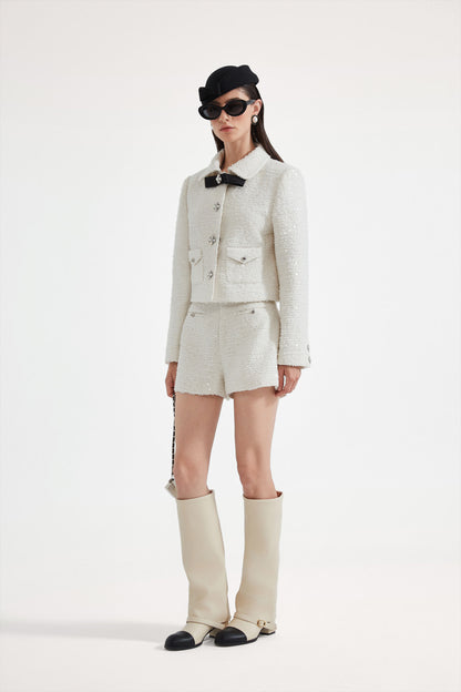 Kingwen White tweed short jacket + shorts set