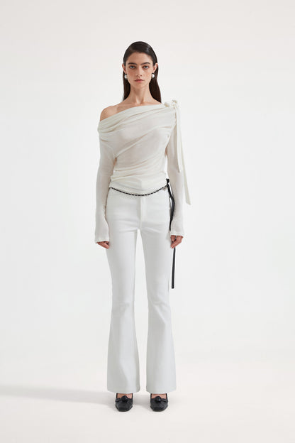 Kingwen White one shoulder pleated waist cinched top
