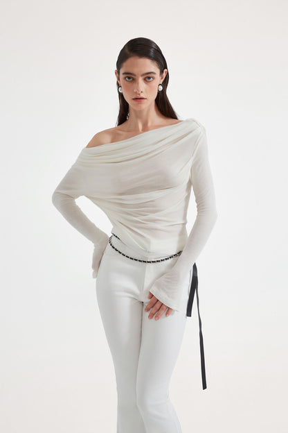 Kingwen White one shoulder pleated waist cinched top