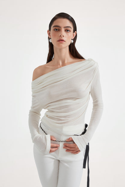 Kingwen White one shoulder pleated waist cinched top