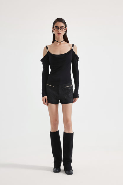 Kingwen Black off shoulder swing collar top